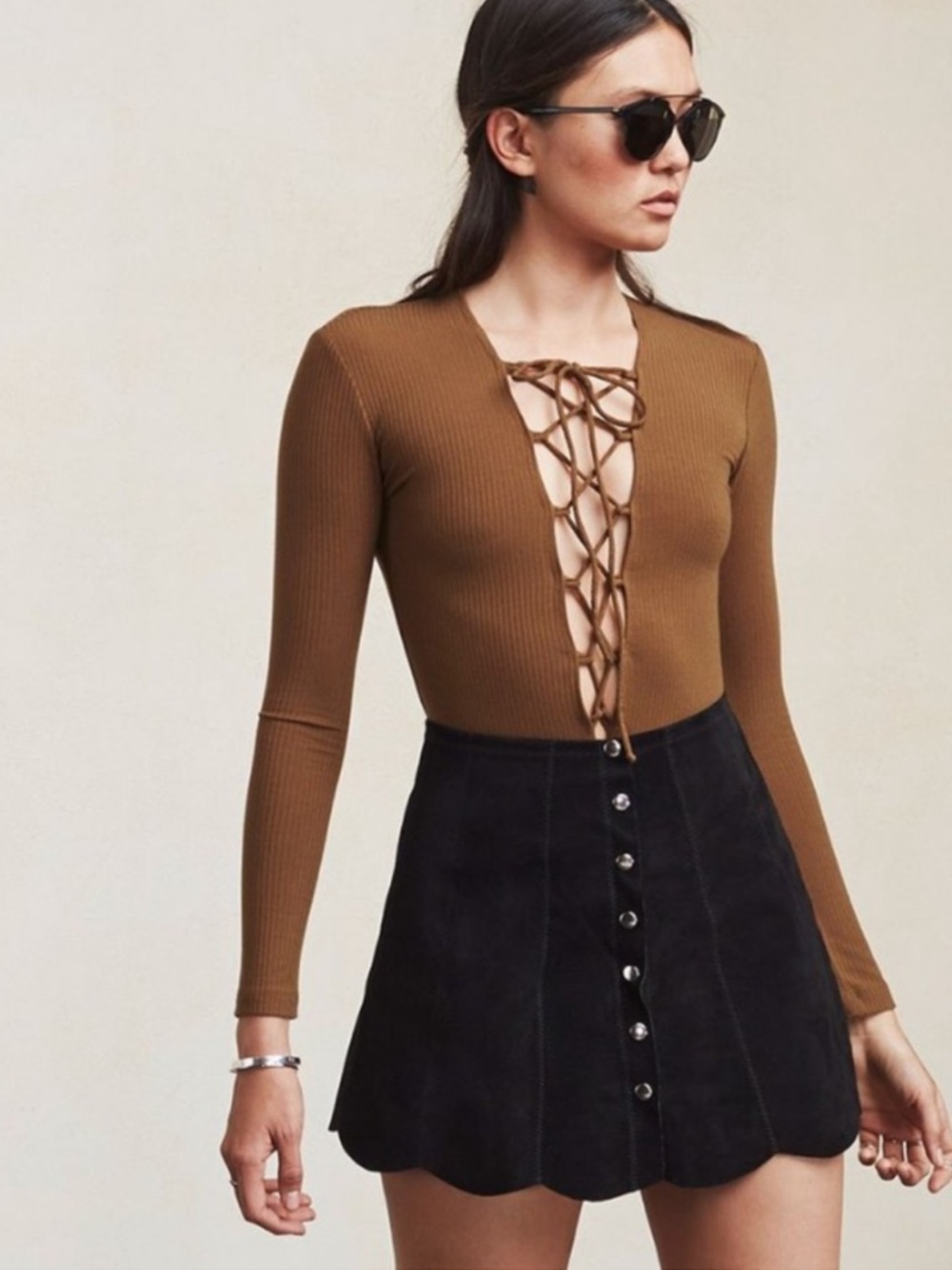 Reformation Avalon Lace Up Cocoa Bodysuit